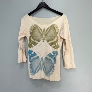 Supermaggie Butterfly Print Scoop Neck T Shirt Cream Size L